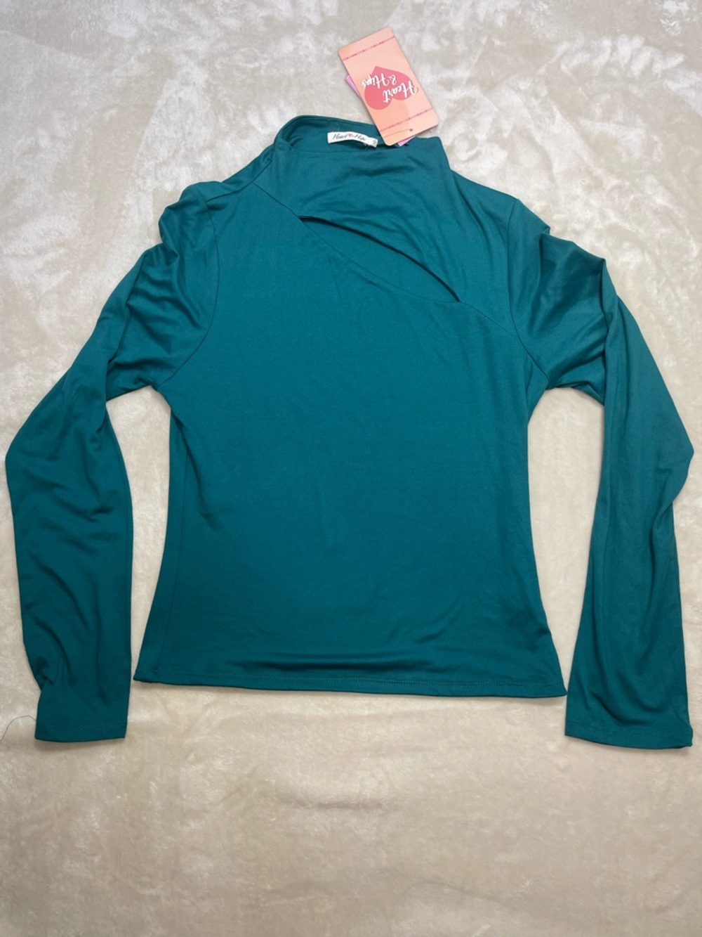 Heart Hips Teal Cutout Neck Top Long Sleeve Stretch Blouse NWT L